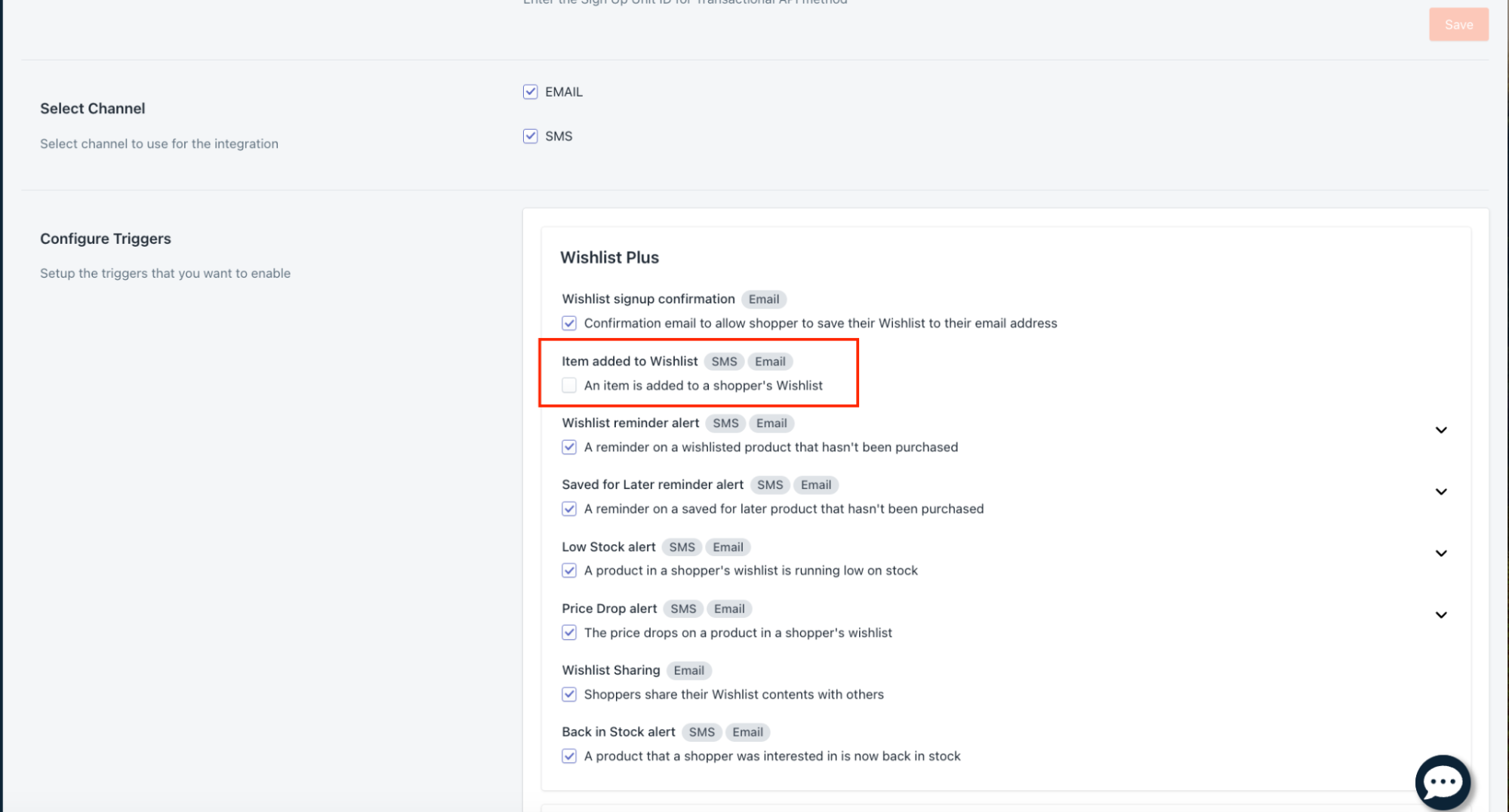 Swym Wishlist Plus configuration showing trigger settings for different Wishlist events, with email and SMS channel options.