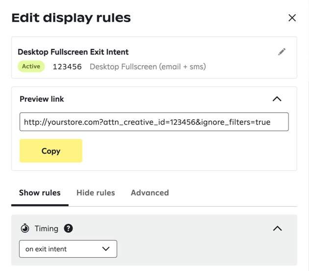 Edit display rules' showing configuration options for a desktop full
  screen sign-up unit, with timing set to 'on exit intent