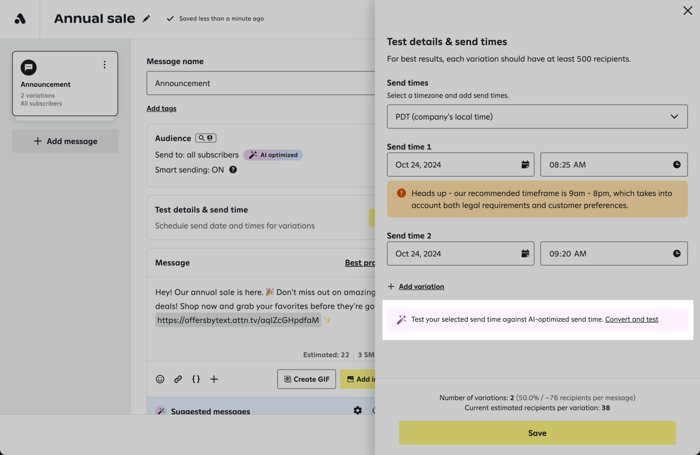Campaign Composer test details panel showing the 'Convert and test'
    link below two scheduled send times