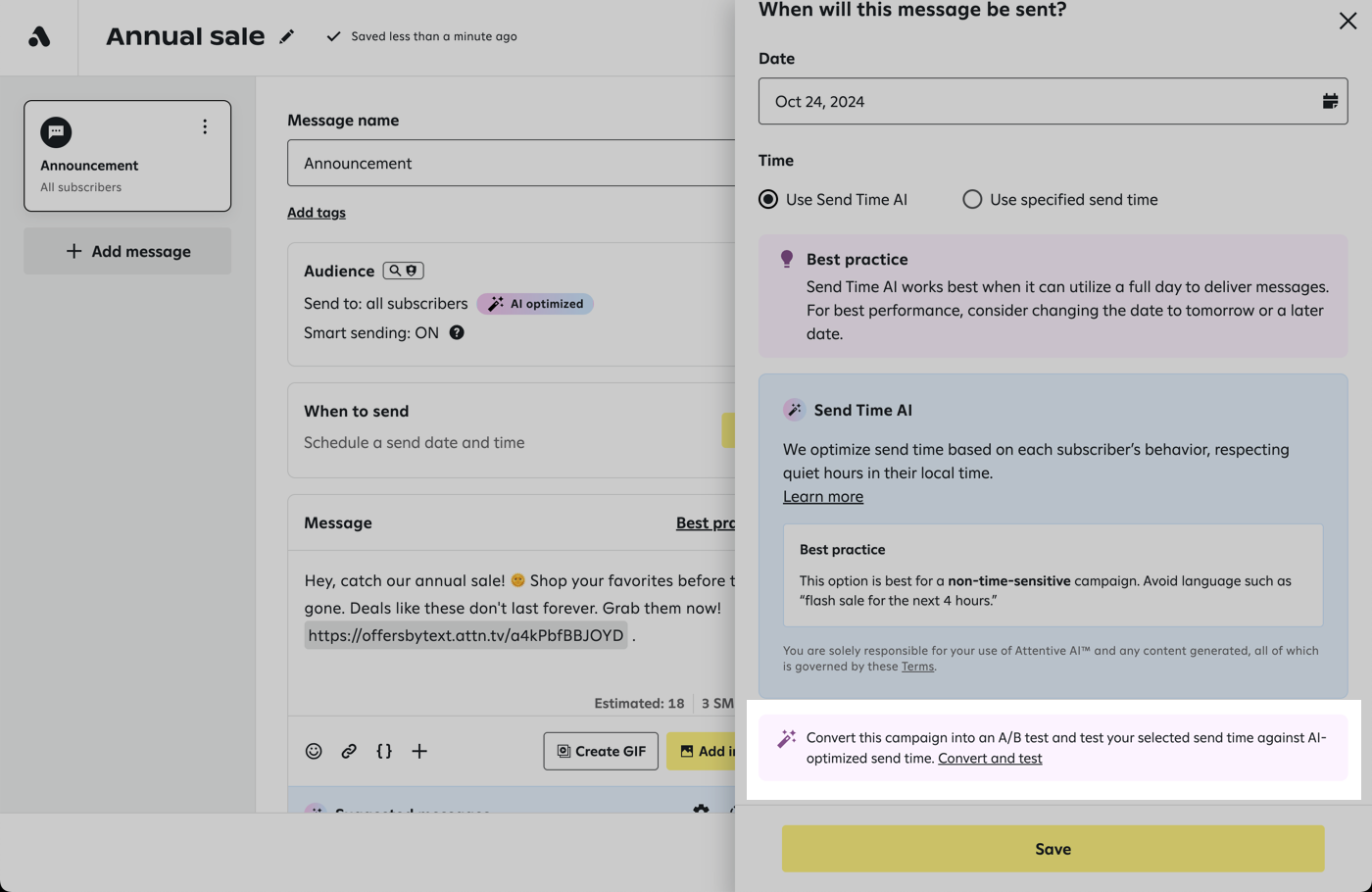 When to send drawer showing the Convert and test link at the bottom
    to turn a standard campaign into an A/B test