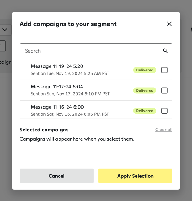 Add campaigns to your segment window with a searchable list of past campaigns, including their names, send dates, times, and statuses, checkboxes to select campaigns, and 'Cancel' and 'Apply Selection' buttons at the bottom.