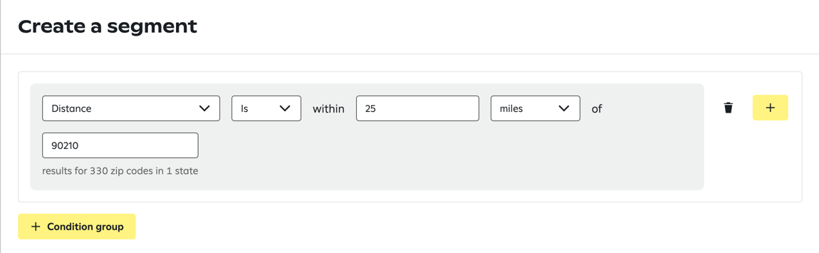 Segment builder showing a condition where 'Distance is within 25 miles of 90210,' with results indicating '330 zip codes in 1 state'; options to delete or add conditions and a yellow button to add a condition group are visible.
