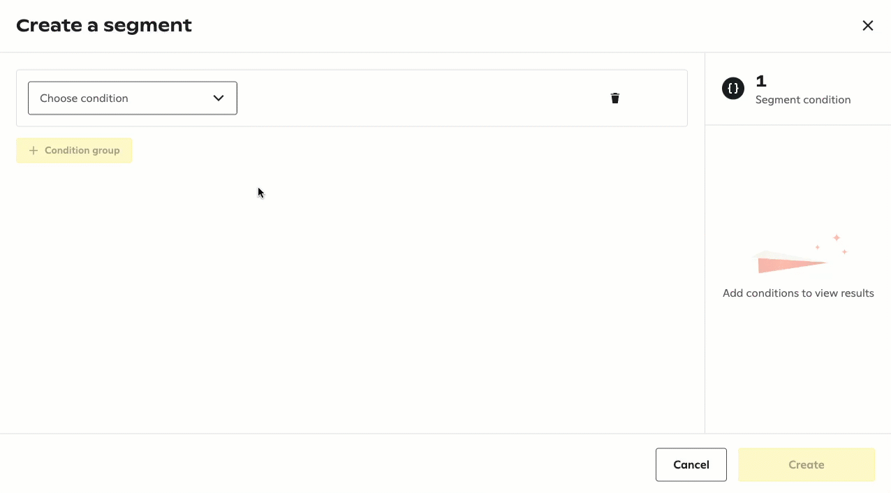 Animation showing showing a user creating a segment in the segment builder by first selecting the VIP custom attribute from the Choose condition dropdown menu, then selecting true as the value.