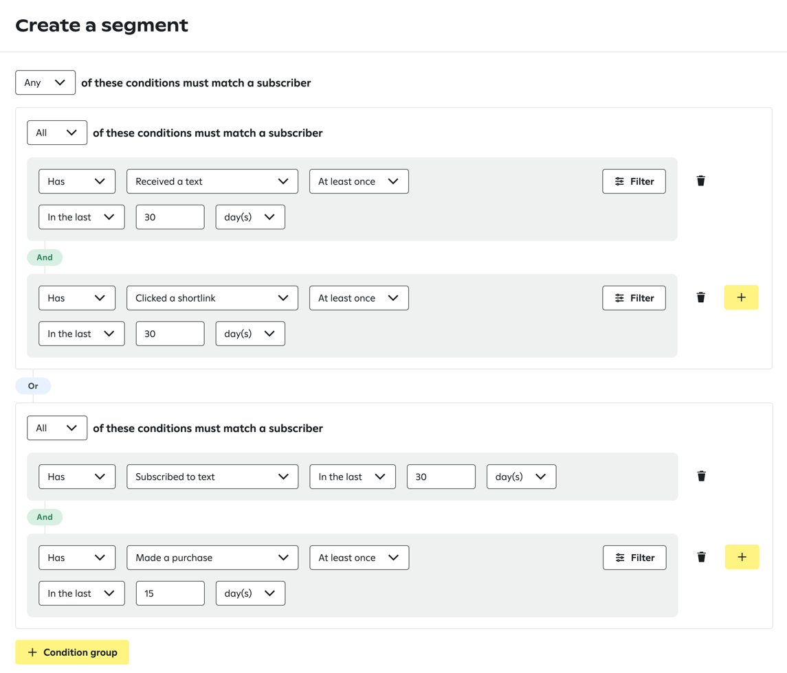 Segment builder with nested condition groups; one group includes conditions ‘Received a text’ and ‘Clicked a shortlink’ in the last 30 days combined with AND logic, while another group includes ‘Subscribed to text’ in the last 30 days and ‘Made a purchase’ in the last 15 days, combined with OR logic.
