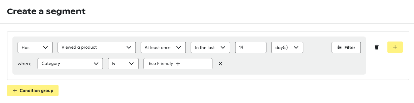 Segment builder with condition for Has, Viewed a product, and At least once, plus a number field set to 14 days, and a Category filter showing Eco Friendly as a selected value.