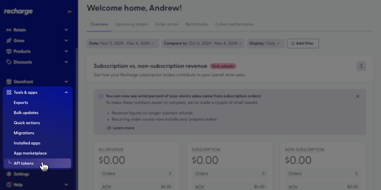 Recharge user interface showing expanded Tools & apps menu with API tokens option highlighted by cursor.