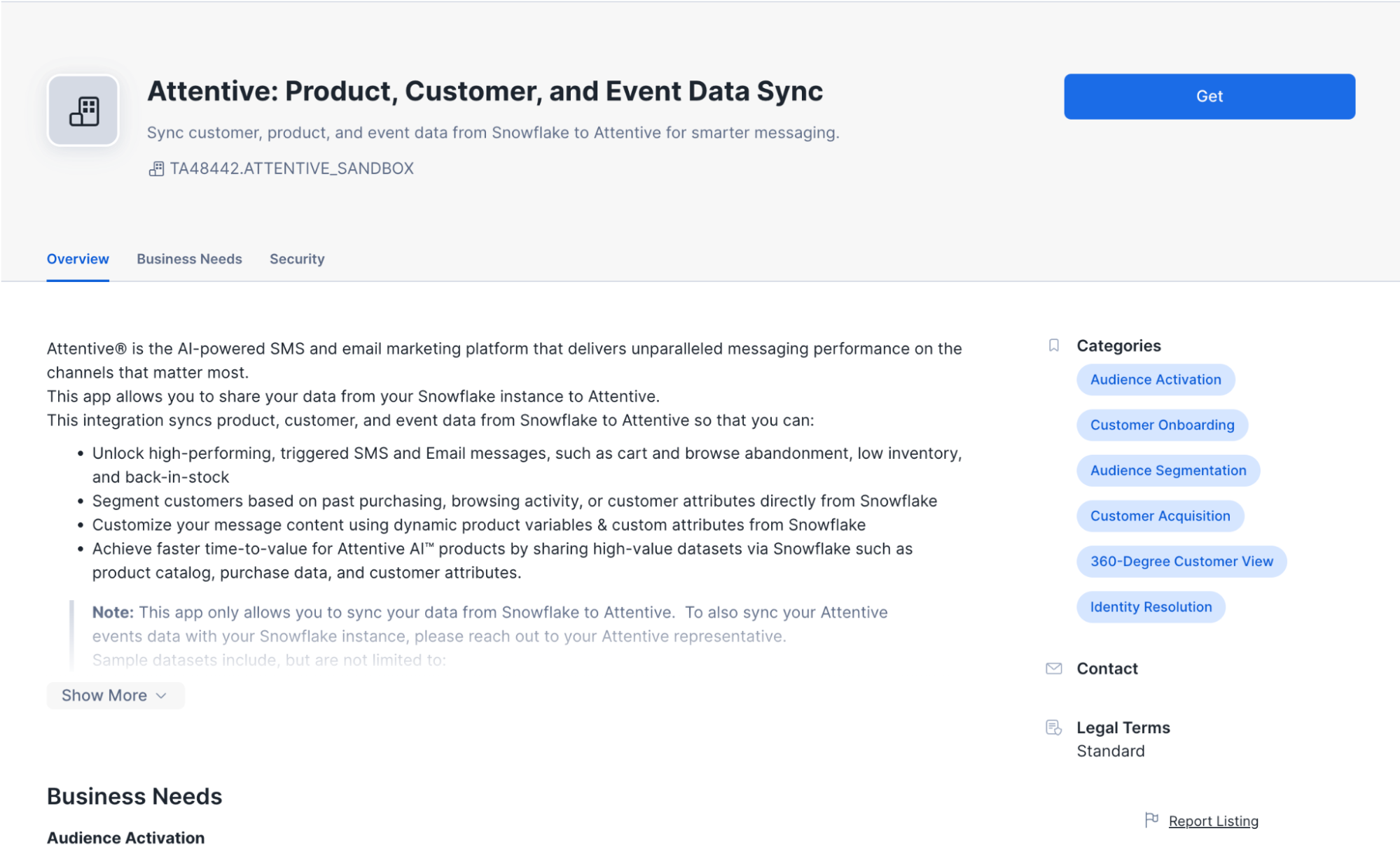 ‘Attentive: Product, Customer, and Event Data Sync' page with a
    blue 'Get' button, overview text describing Snowflake data sync features,
    and a right-hand list of six category tags in blue, such as 'Audience Activation'
    and 'Customer Acquisition’.