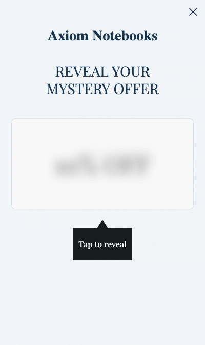 An animated sign-up unit from a brand called 'Axiom Notebooks' displaying a blurred mystery offer with a 'Tap to reveal' message