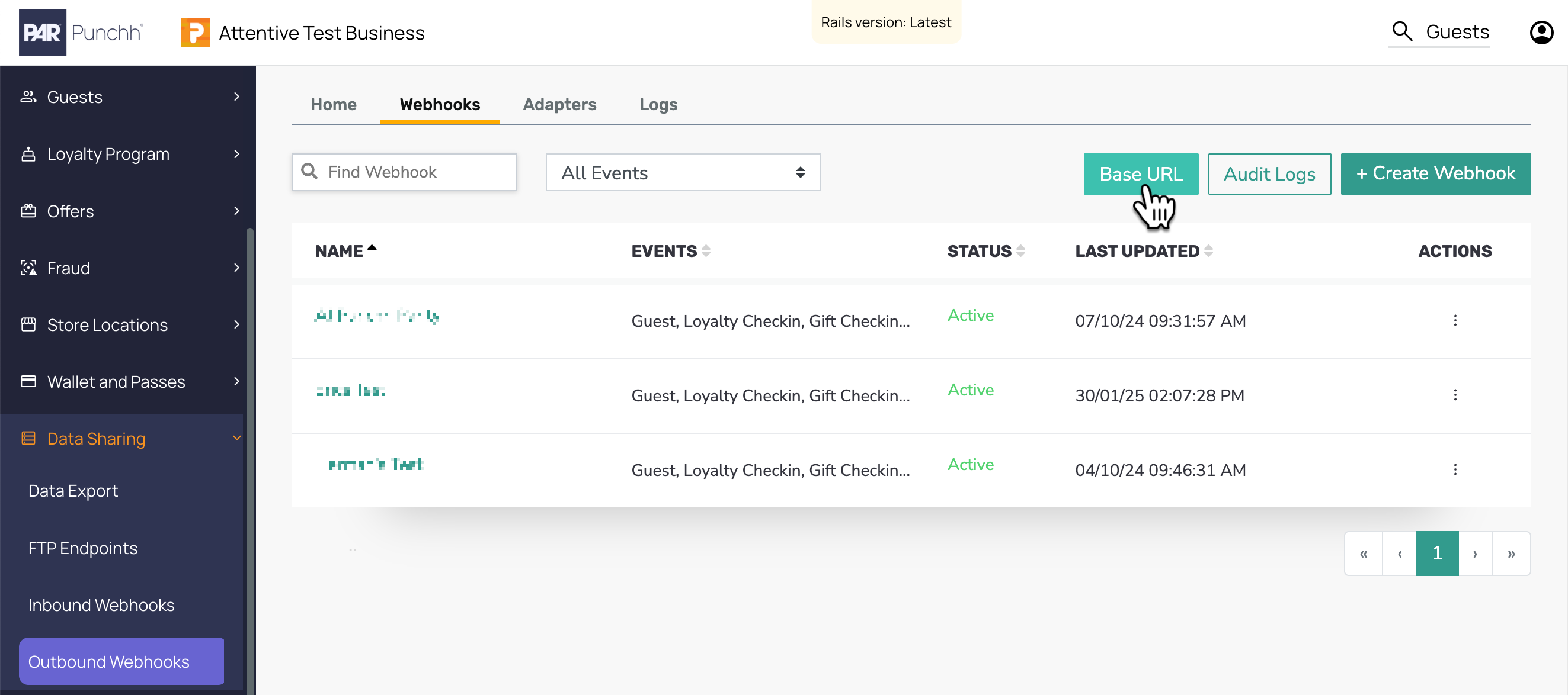 Punchh interface, Webhooks tab, with the 'Base URL' button highlighted.