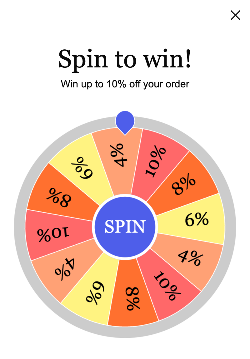 A 'Spin to win!' promotional wheel with 'Win up to 10% off your order' text above, featuring colored segments offering 4%, 6%, 8%, and 10% discounts, a central blue 'SPIN' button, and a blue pointer at the top.