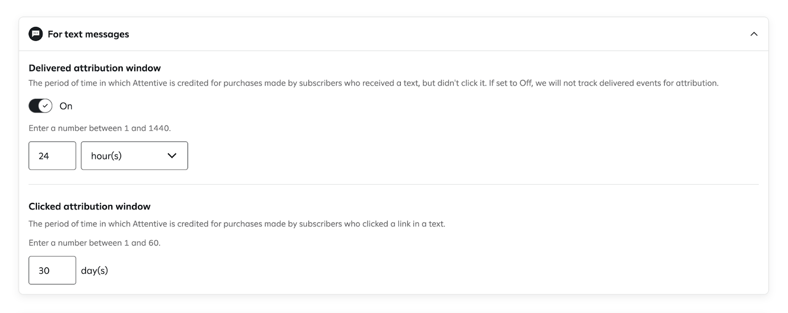 Attribution settings for text messages, showing Delivered attribution window set to 'On', 24 hours, and Clicked attribution window set to 30 days.