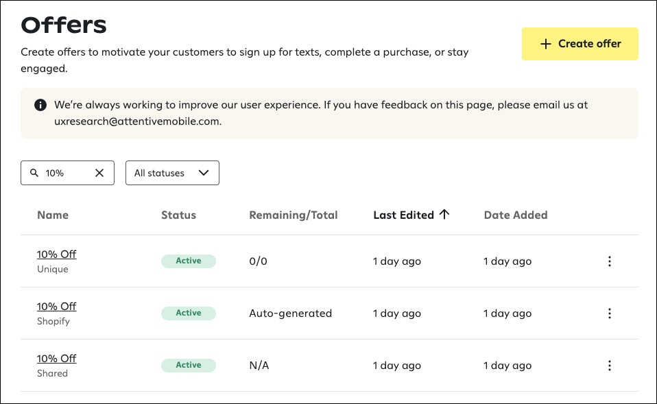A screenshot from the Attentive platform shows an Offers page with a list of discounts, including 10% Off Unique, 10% Off Shopify, and 10% Off Shared, along with their status, remaining/total counts, last edited date, and date added.