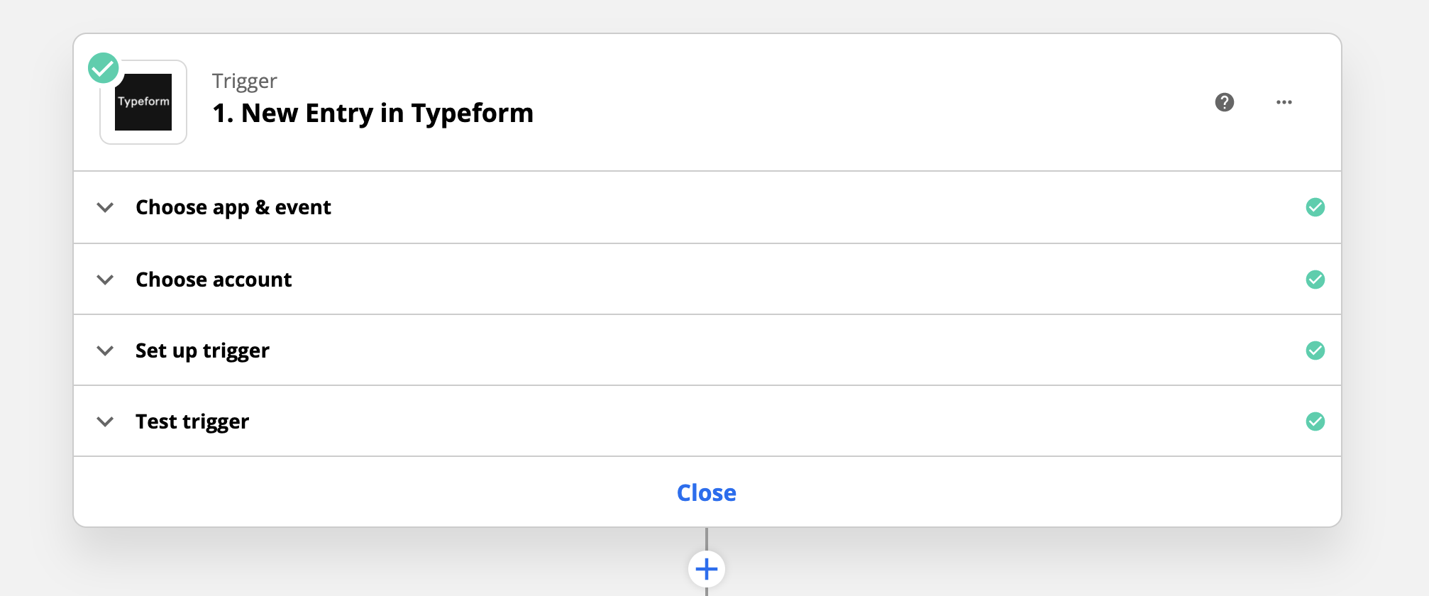 Zapier trigger setup. '1. New Entry in Typeform' is selected as the trigger, with steps to choose app & event, choose account, set up trigger, and test trigger.