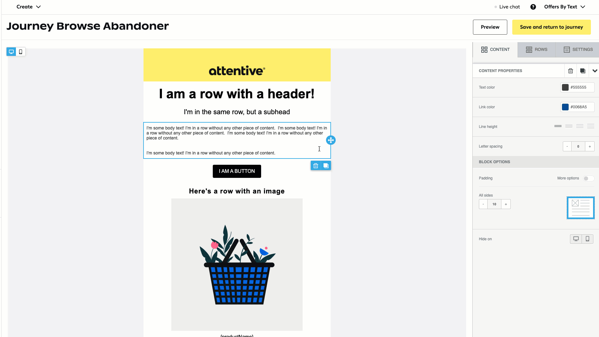 Dragging and dropping a content block from one row to another in the email editor.