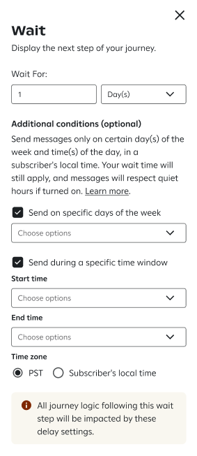 Image of the settings for wait steps indicating 1 day and additional conditions.