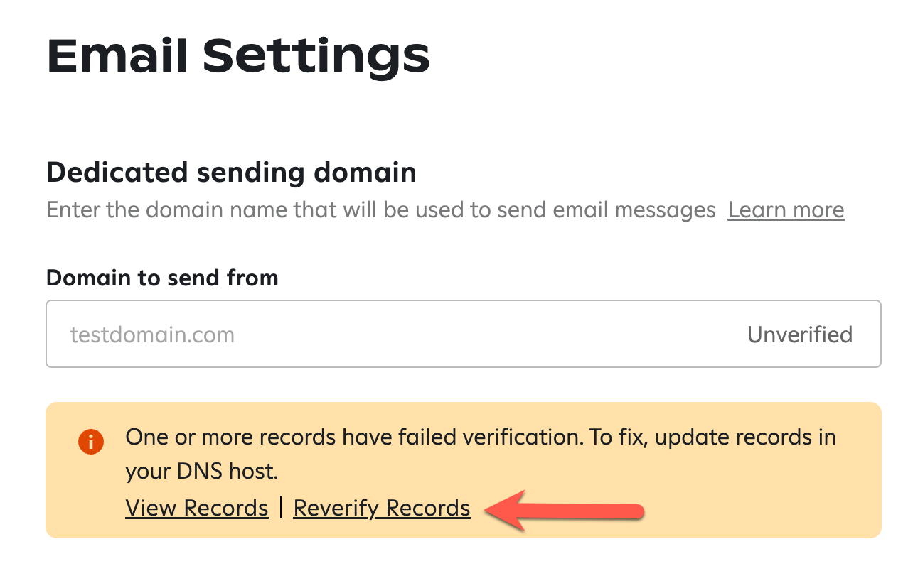Email settings with DNS verification alert.