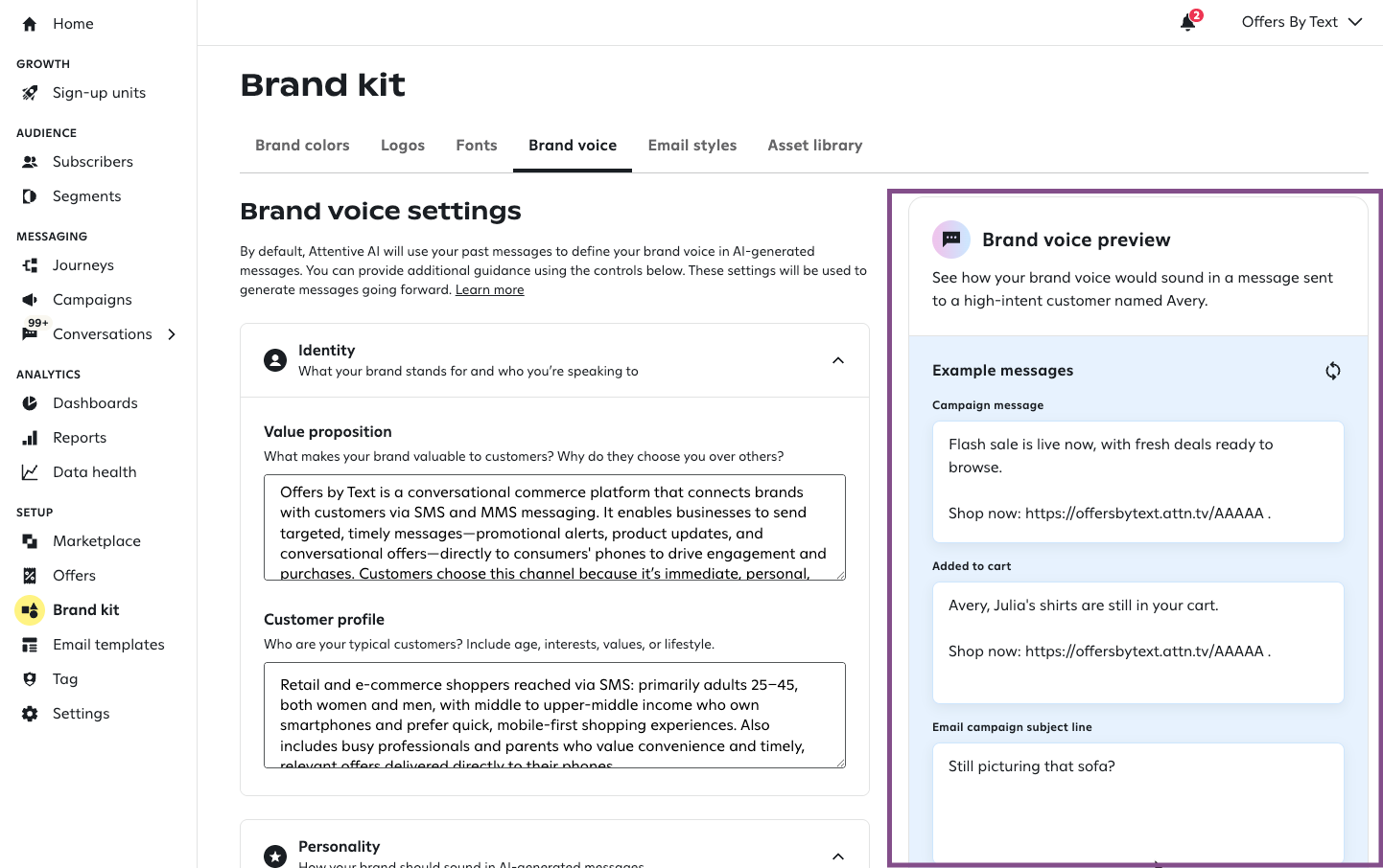 Brand kit UI highlighting guidance and preview