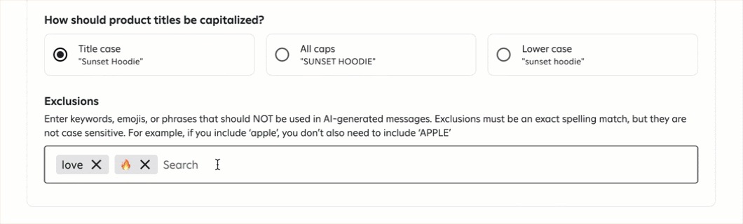 Animation showing a user adding ‘OMG’ to exclusions, then clicking the ‘X’ to remove the fire emoji.
