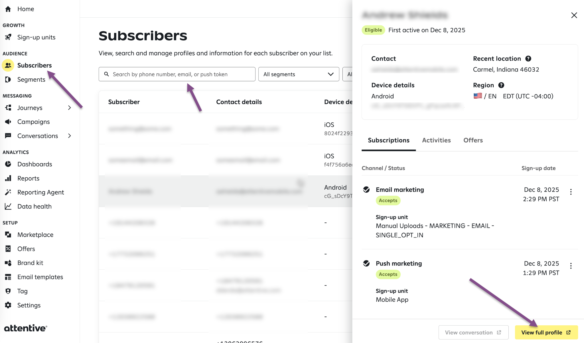 Profile view including where to click to get to the subscribers tab, the search bar, and how to access the full profile