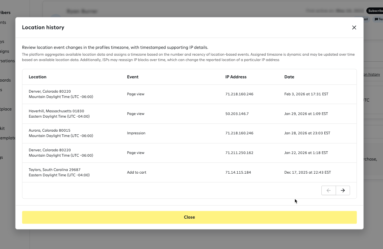 View of the location history. Columns include location, event, IP address, and date,