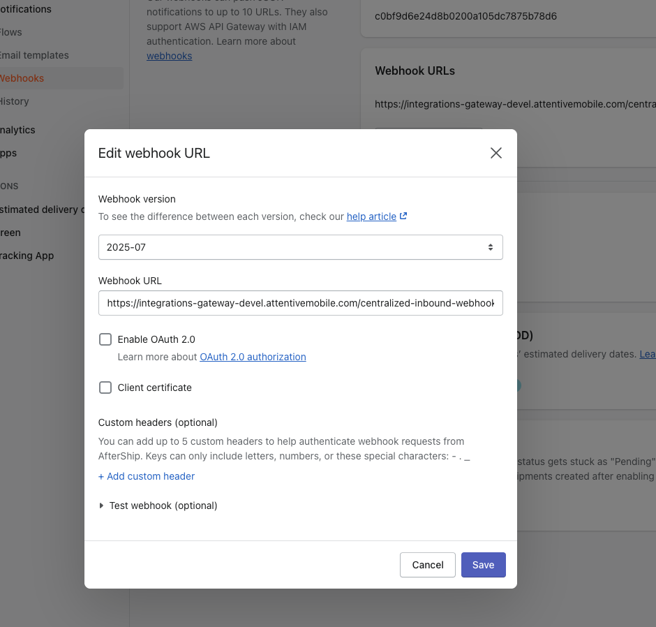 Image of the Edit webhook URL portal within Aftership. Shows the webhook version and webhook url.