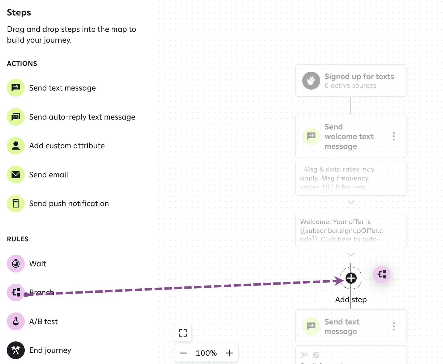 Image showing a rule being dragged from the menu onto the + within the journey builder.
