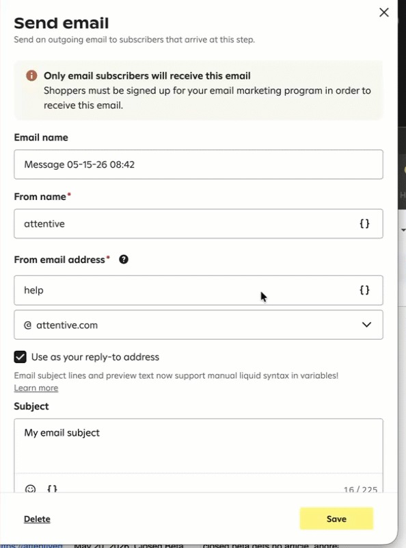 Image of the "Send email" panel that appears when the "Send email" step is dragged onto the builder.
