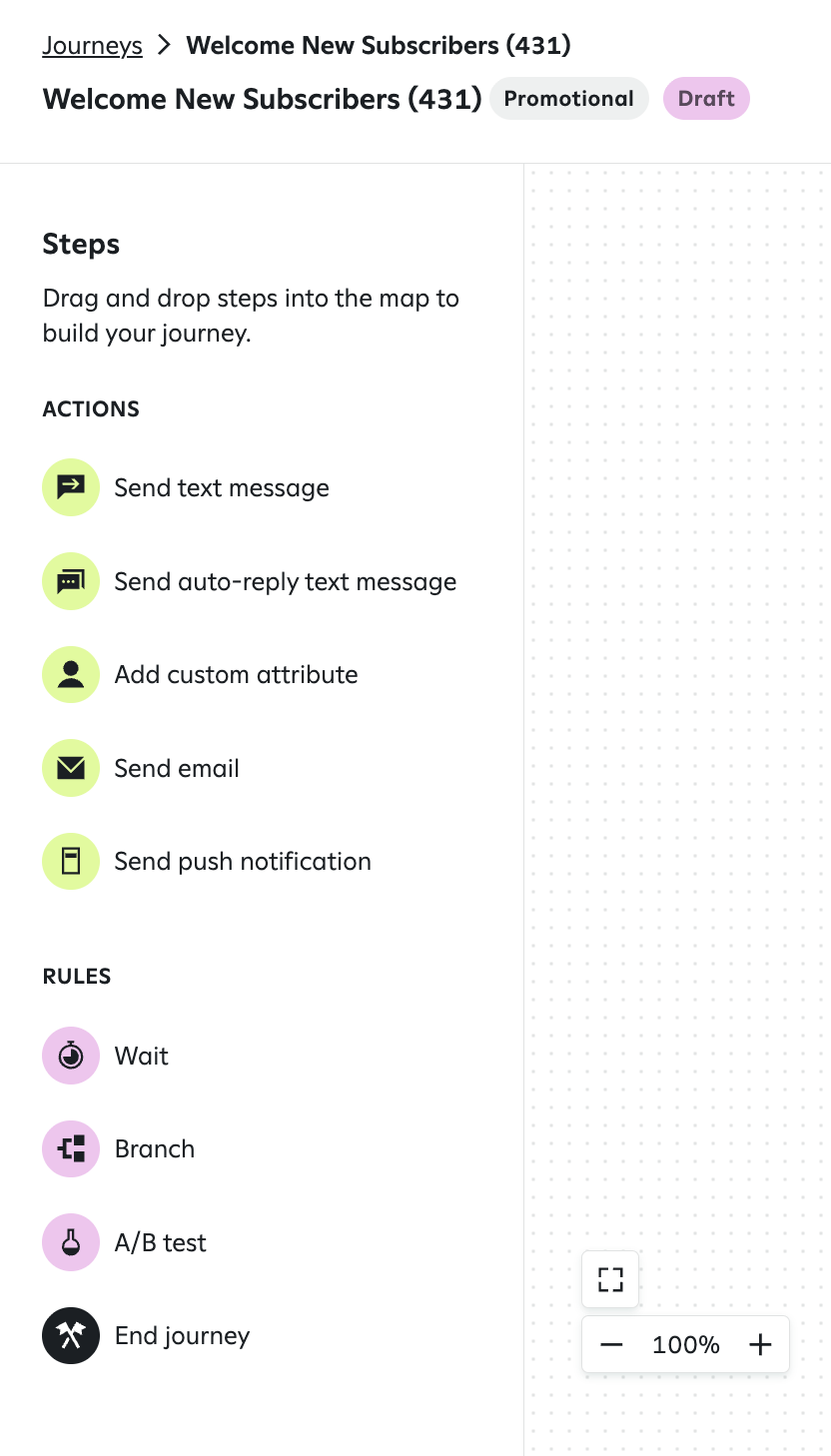 Image of the left side panel in the journeys menu showing available steps.