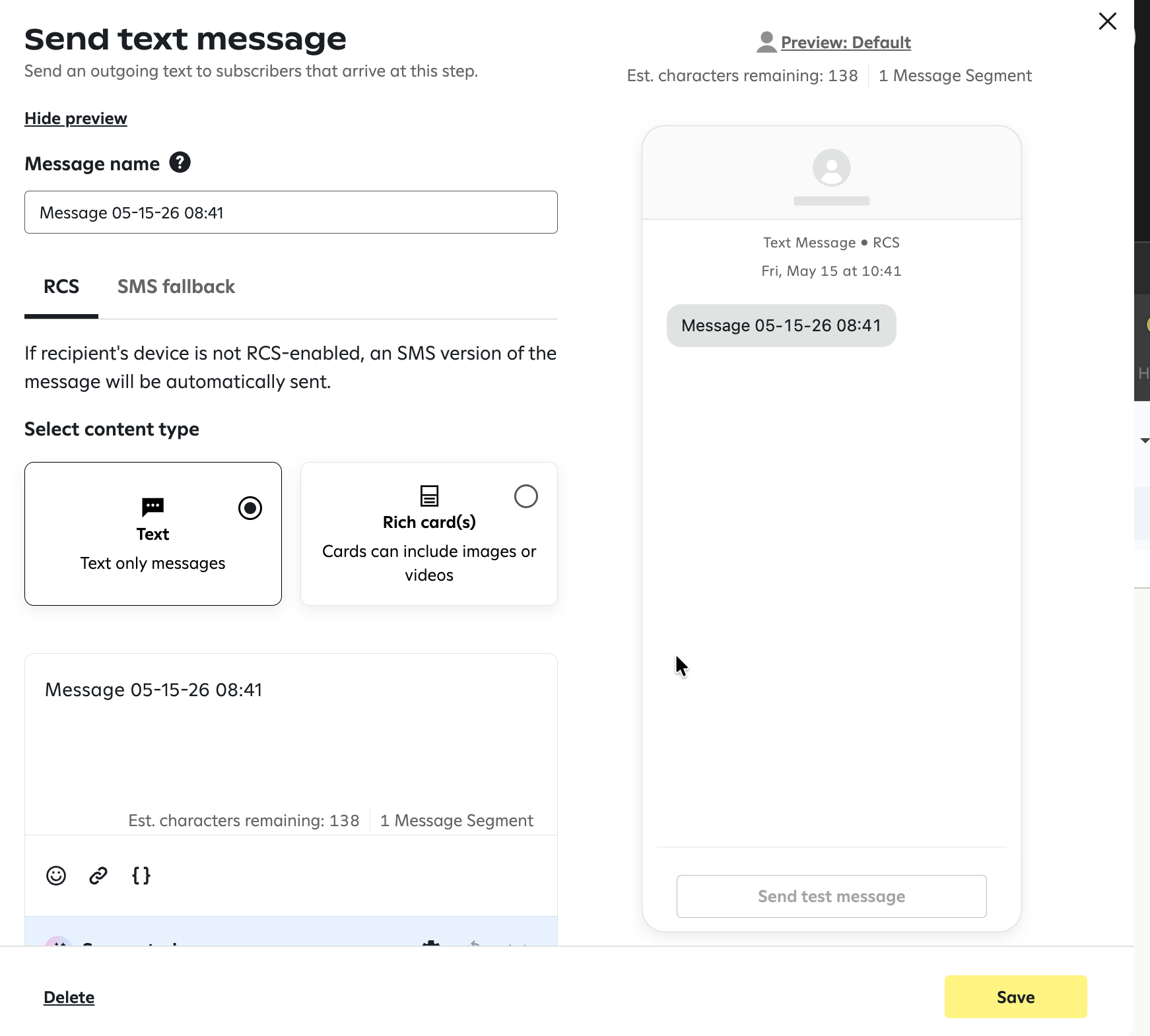 Image of the "Send text message" panel that appears when the "Send text message" step is dragged onto the builder.