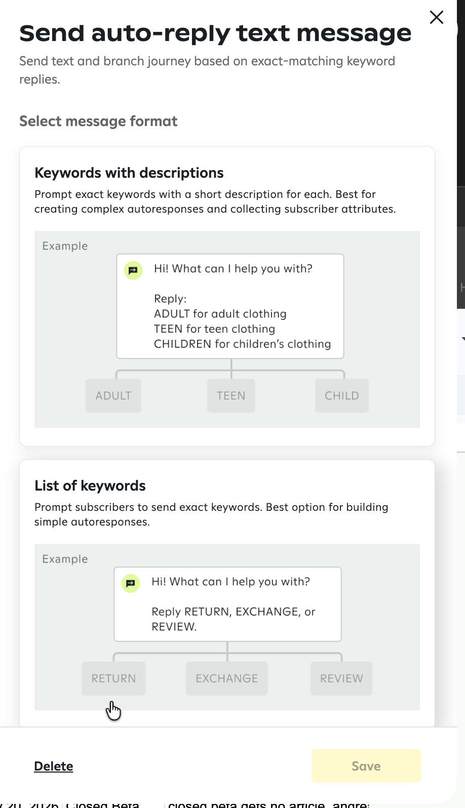 Image of the "Send auto-reply text message" panel that appears when the "Send auto-reply text message" step is dragged onto the builder.