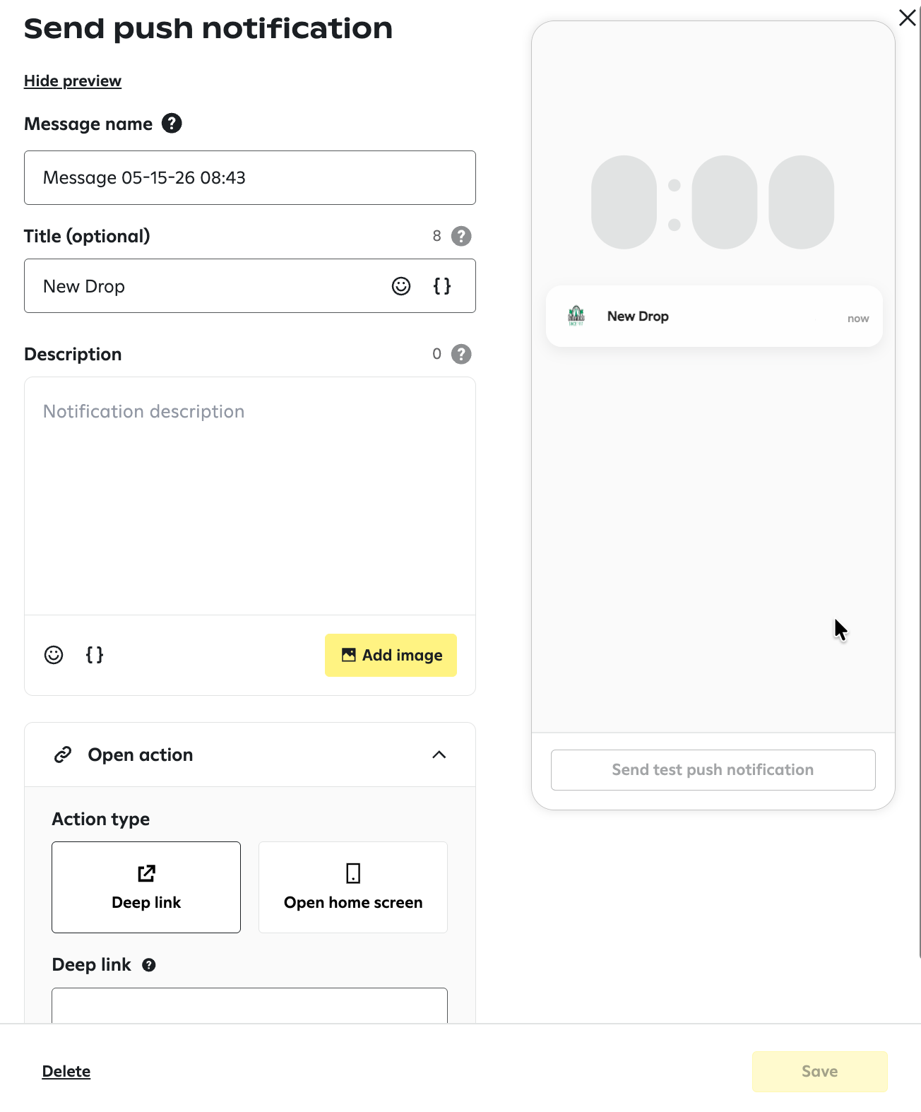 Image of the "Send push notification" panel that appears when the "Send push notification" step is dragged onto the builder.