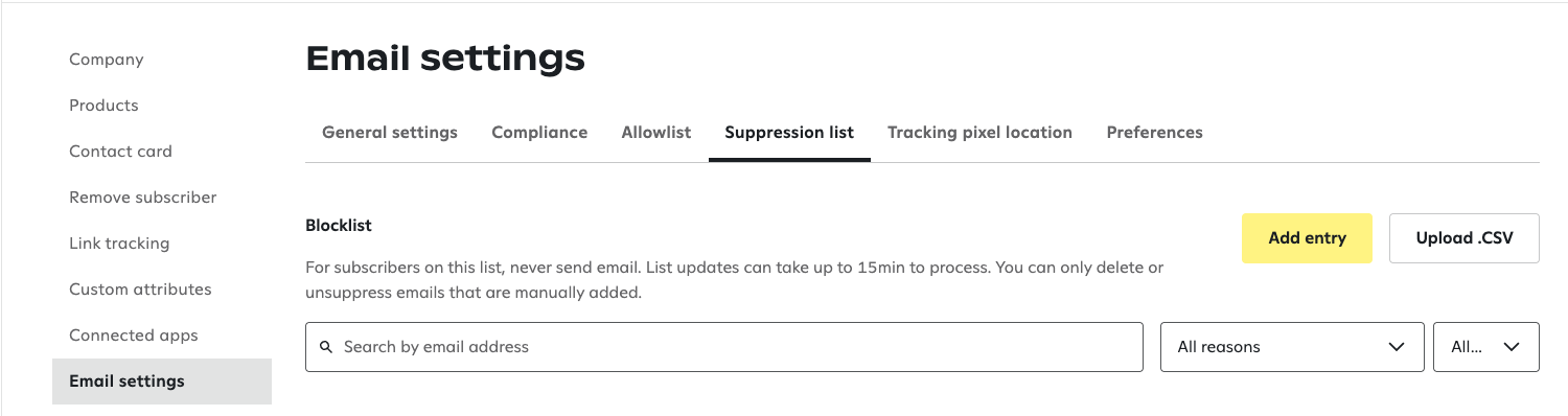 Image of the Suppression list menu from the email settings navigation