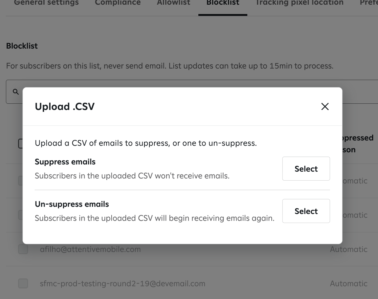 Image of the CSV upload options for suppressing and un-suppressing