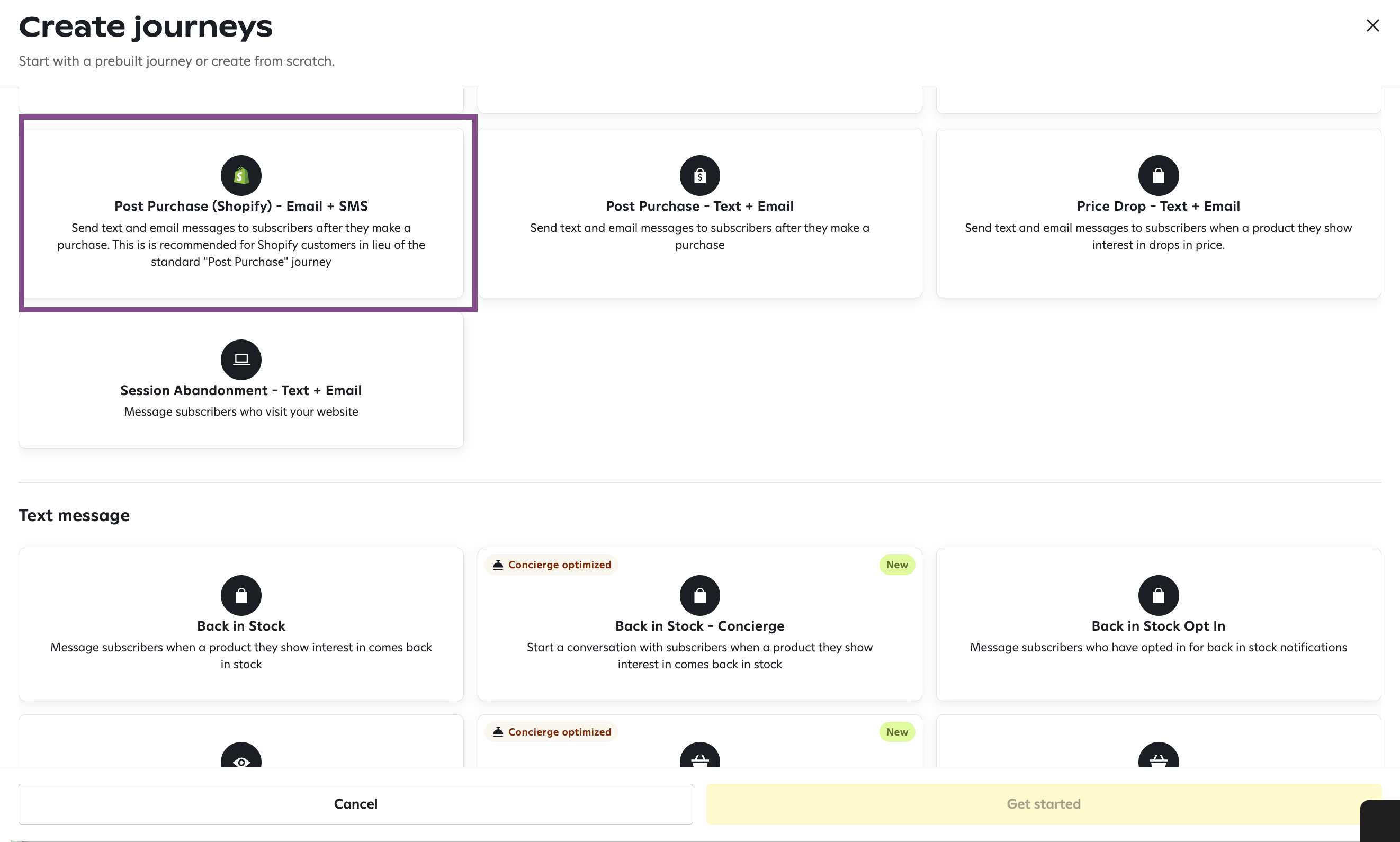 Image of "Create journeys" page with the Post Purchase (Shopify) journey type highlighted