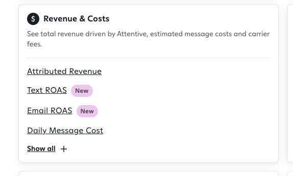Image showing new reports for Text and Email ROAS in the Attentive UI