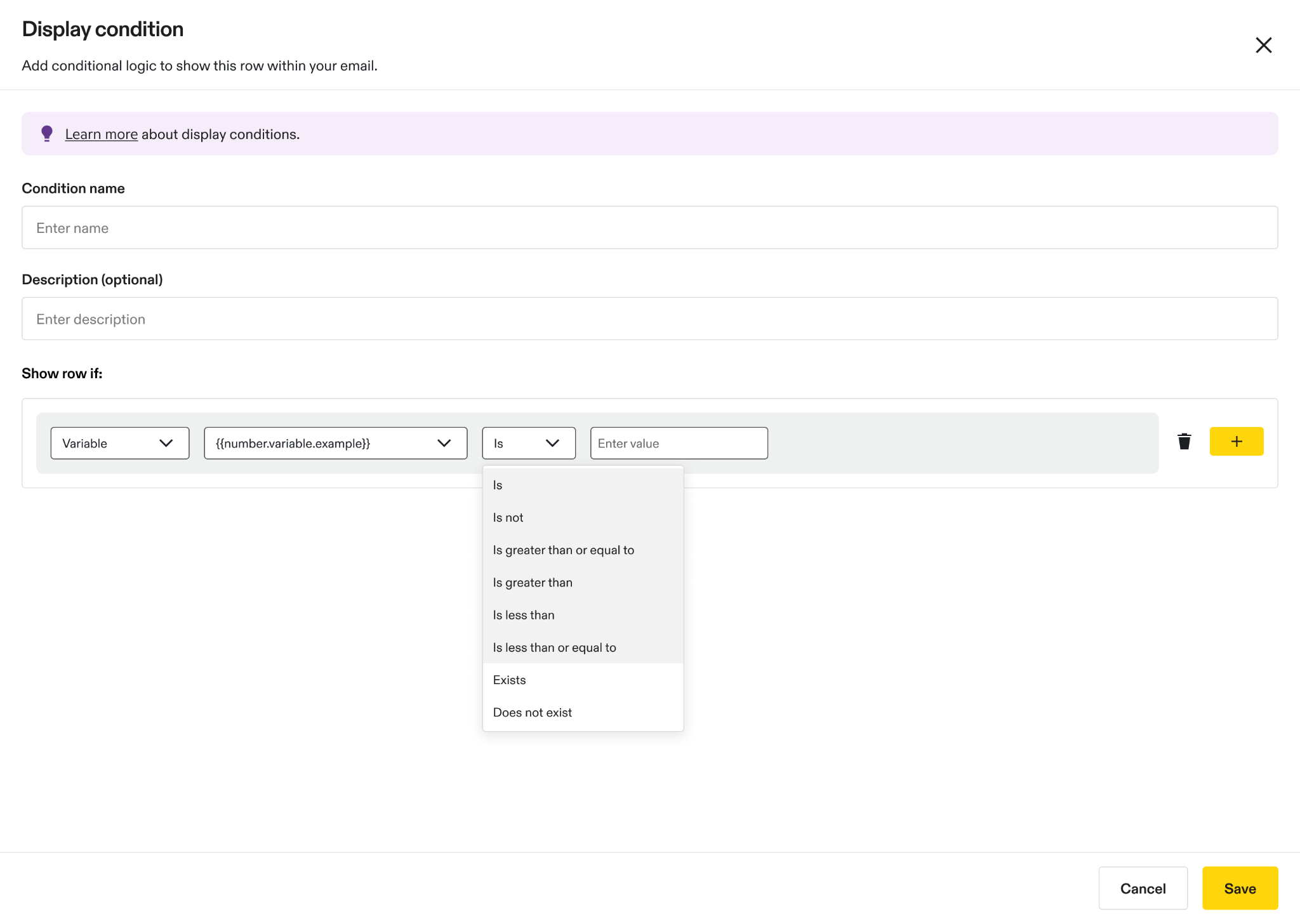Image of Display condition page with example of when to show the row