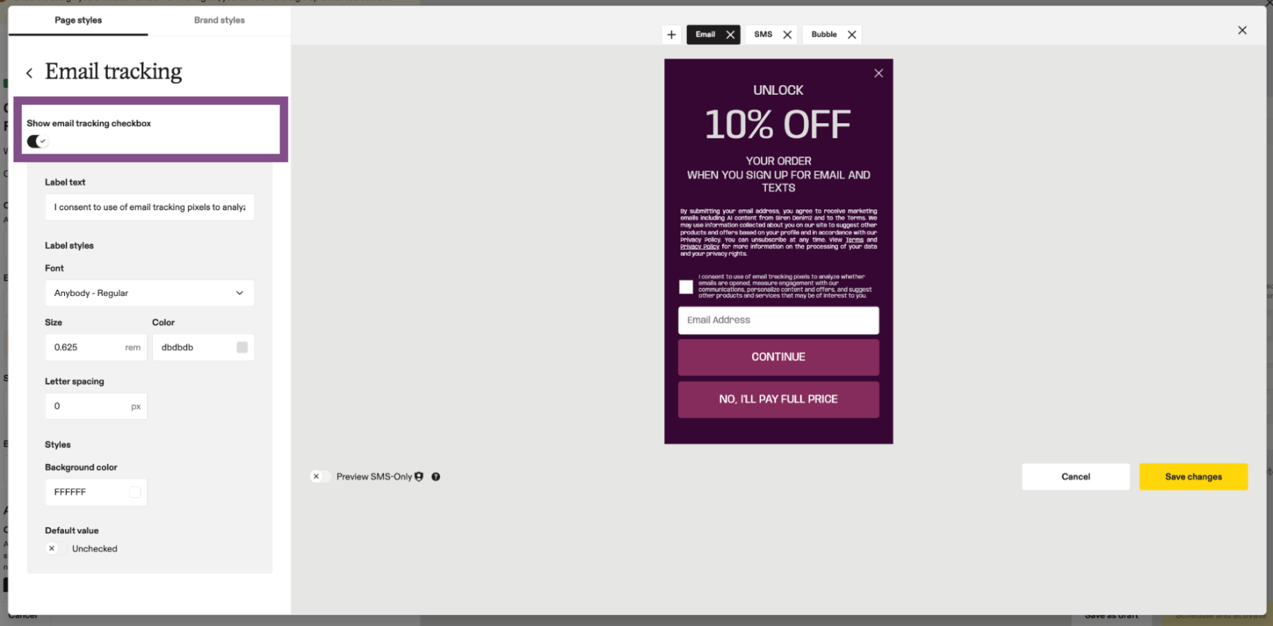 Image showing email tracking checkbox toggle.