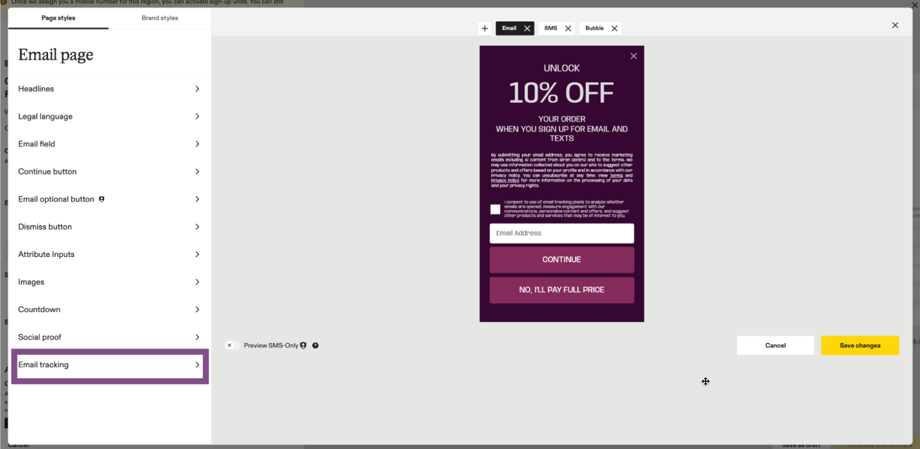 Image showing where to locate the Email Tracking button within the Email Page Styles menu.