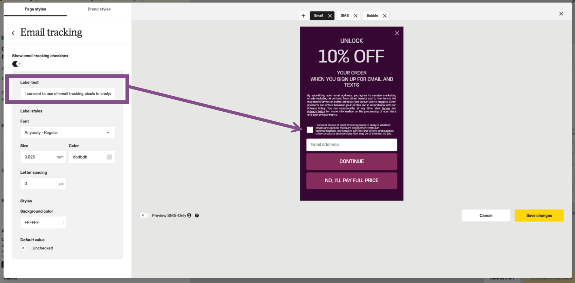 Image highlighting where to edit the language for the email tracking check box and showing where it appears on the sign-up unit.