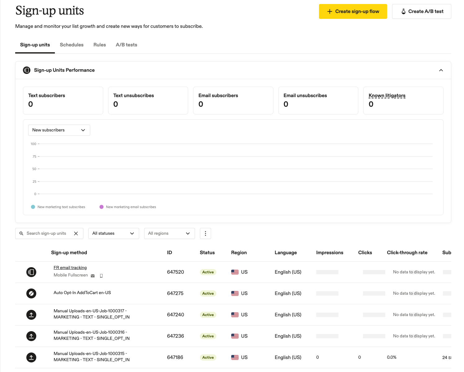 Image showing sign-up unit table for SAM accounts to illustrate the Region column.