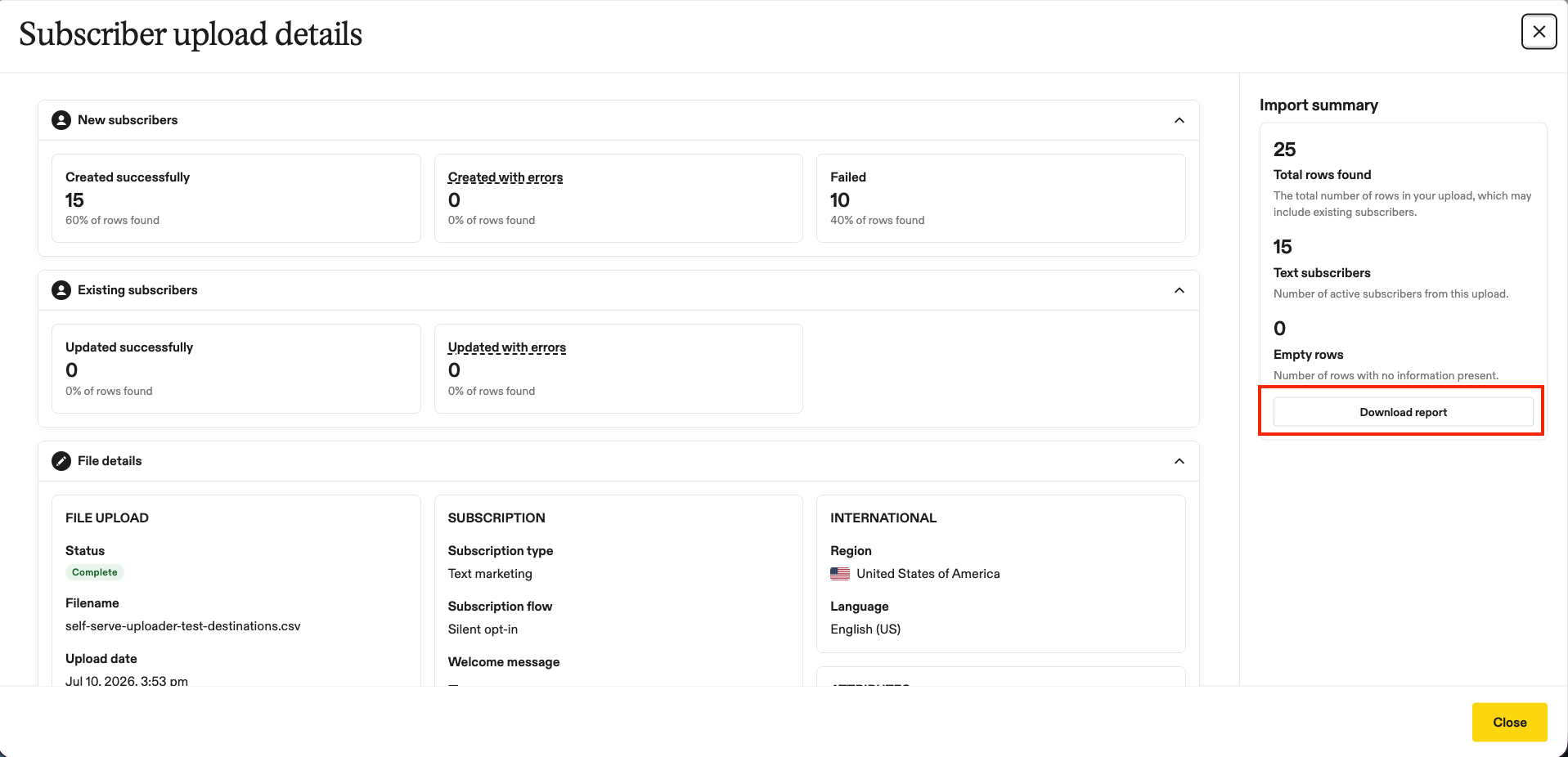 Image of subscriber upload details