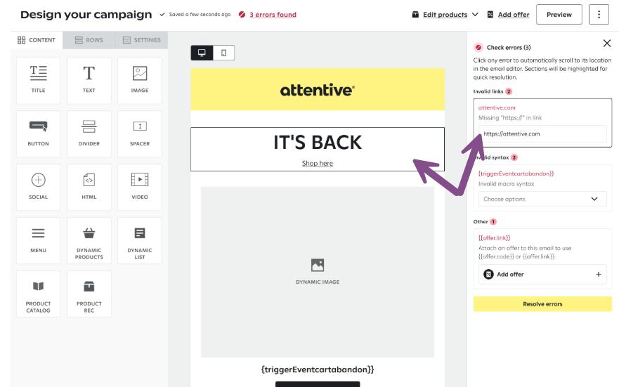 Image showing how the sidebar and email body are interrelated when you click on an error.