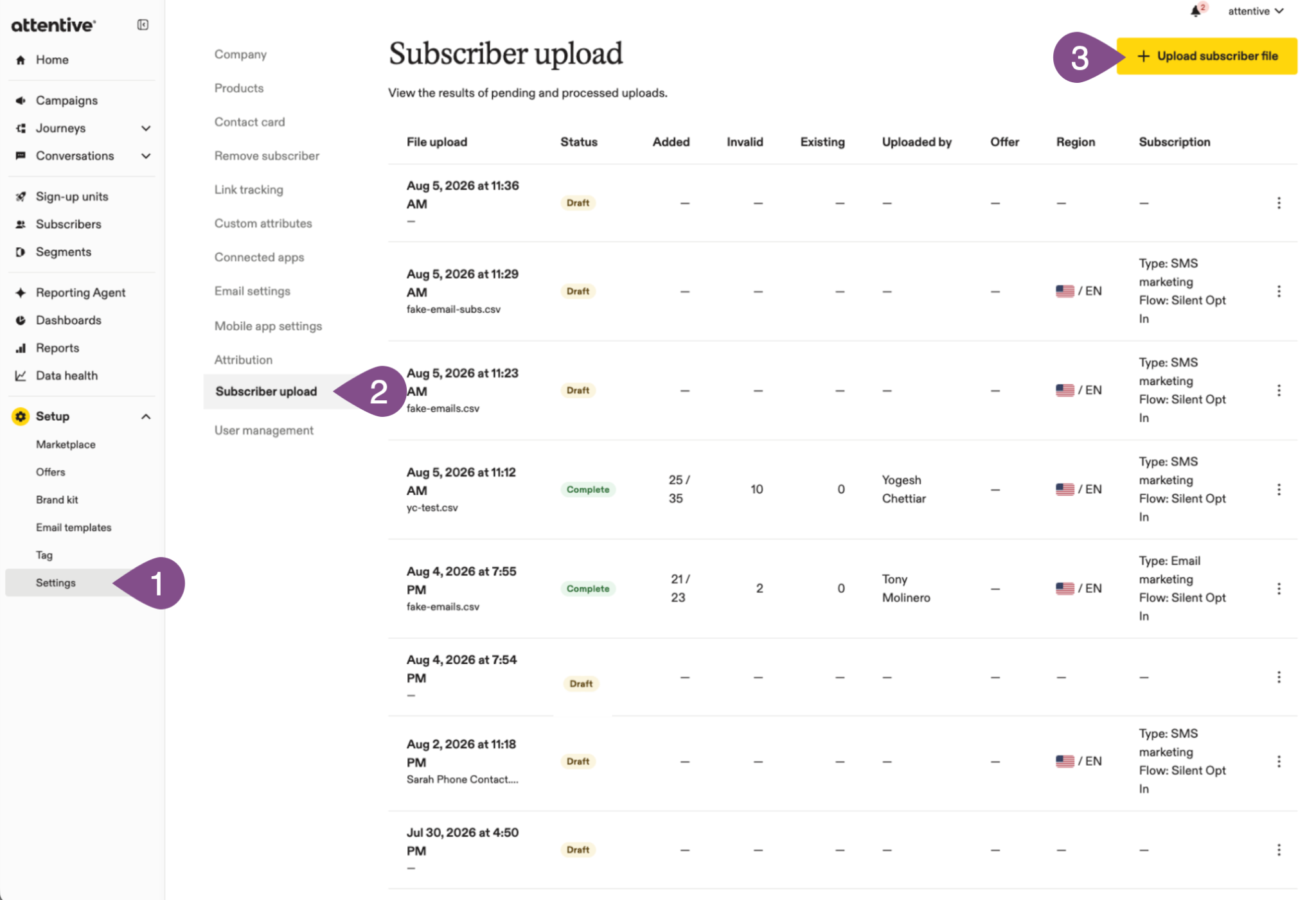 Image of steps to take to upload subscribers