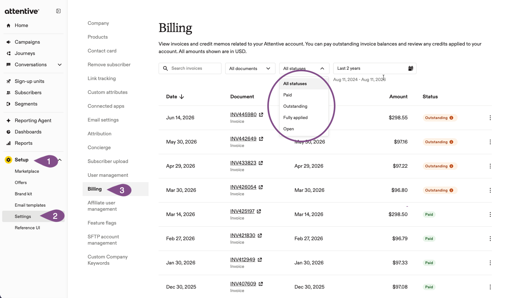 Image showing navigation for billing tab and statuses of invoices and credits.