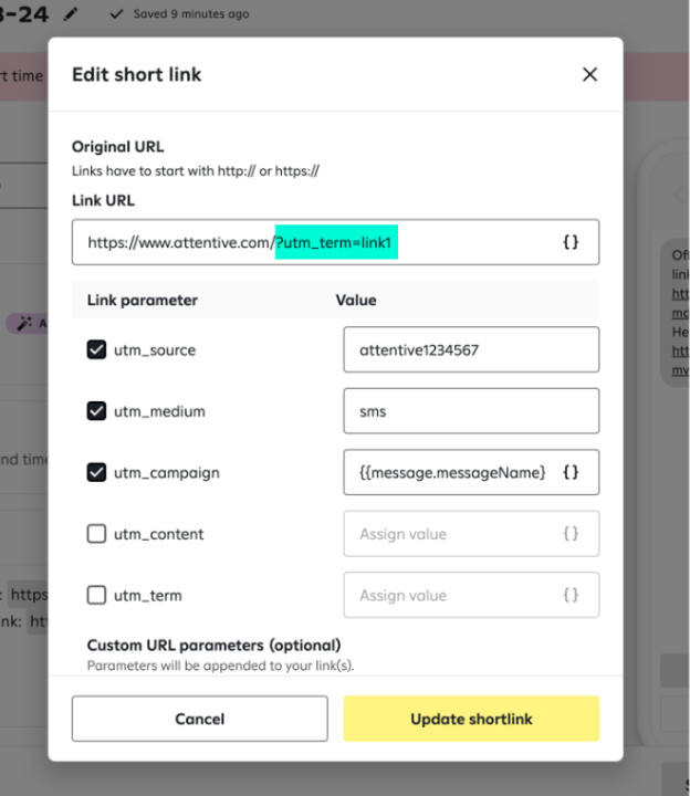 Image of short link menu for SMS tracking