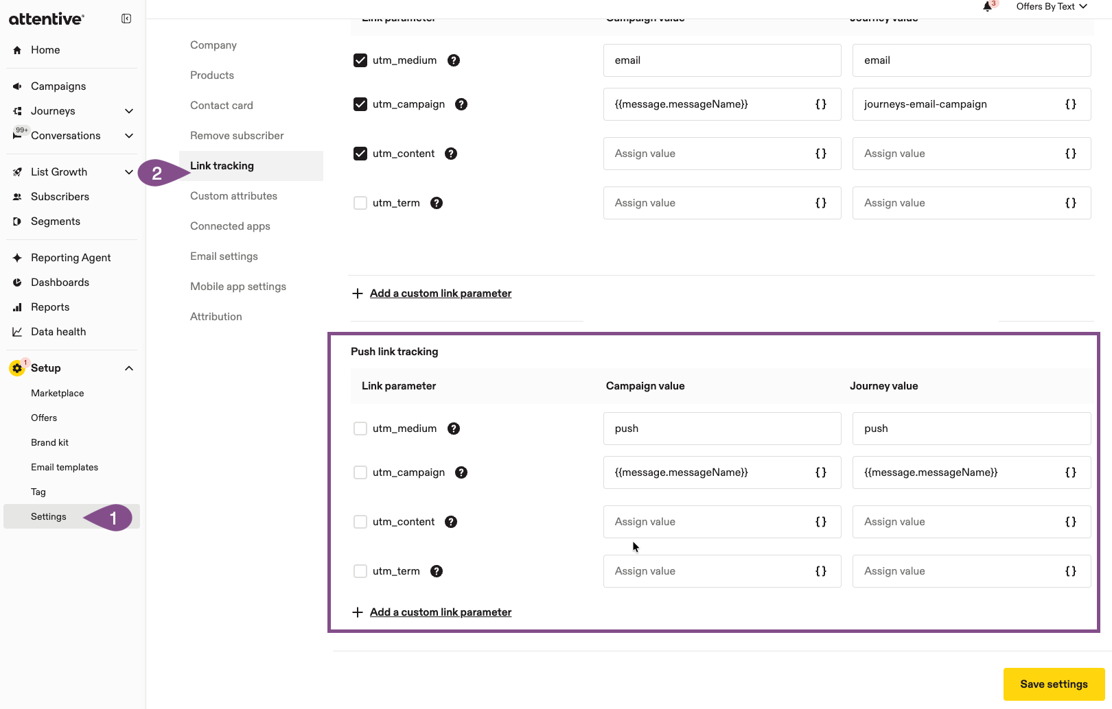 Image of Link tracking page under the Settings menu