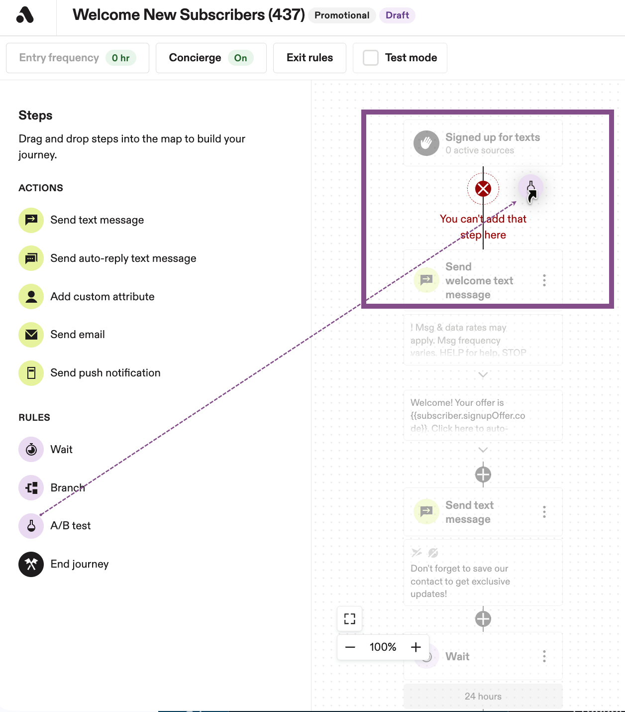 Image showing the product blocking an A/B test node being added before the initial welcome message