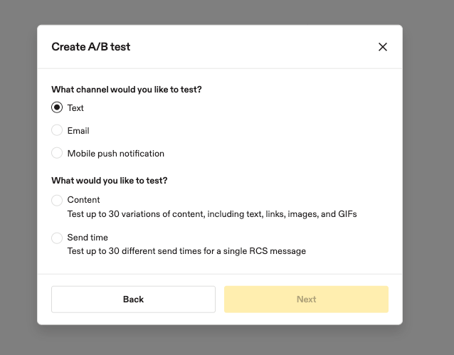 Image showing options for creating A/B tests
