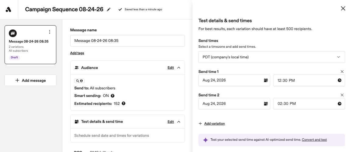 Image showing send time A/B tests