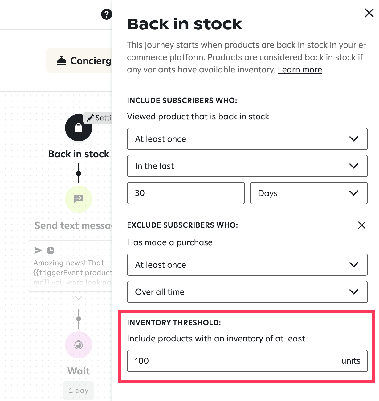 Image showing inventory threshold setting for back in stock